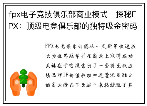 fpx电子竞技俱乐部商业模式—探秘FPX：顶级电竞俱乐部的独特吸金密码